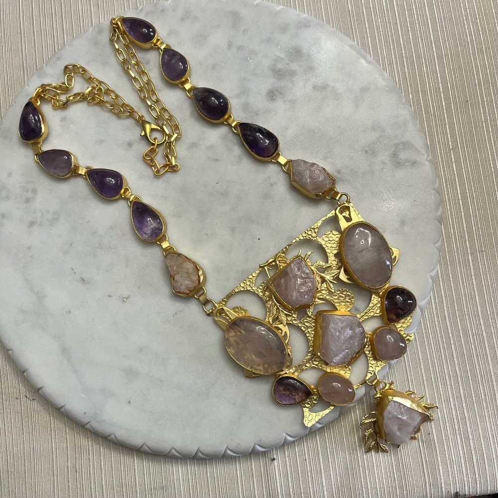 Gemstone Statement Necklace Gold Tone Amethyst Rose Quartz Stone Boho Jewelry